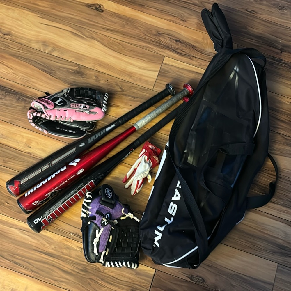 Easton bag, bats and rawlings gloves